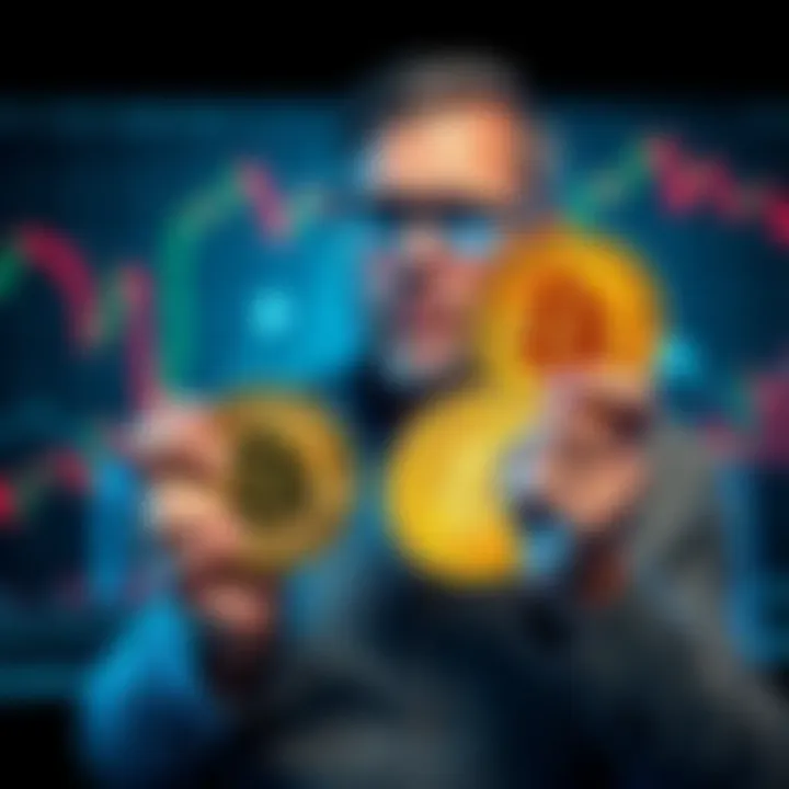 A seasoned investor holding two Bitcoin coins with a confident expression, surrounded by graphs showing market trends