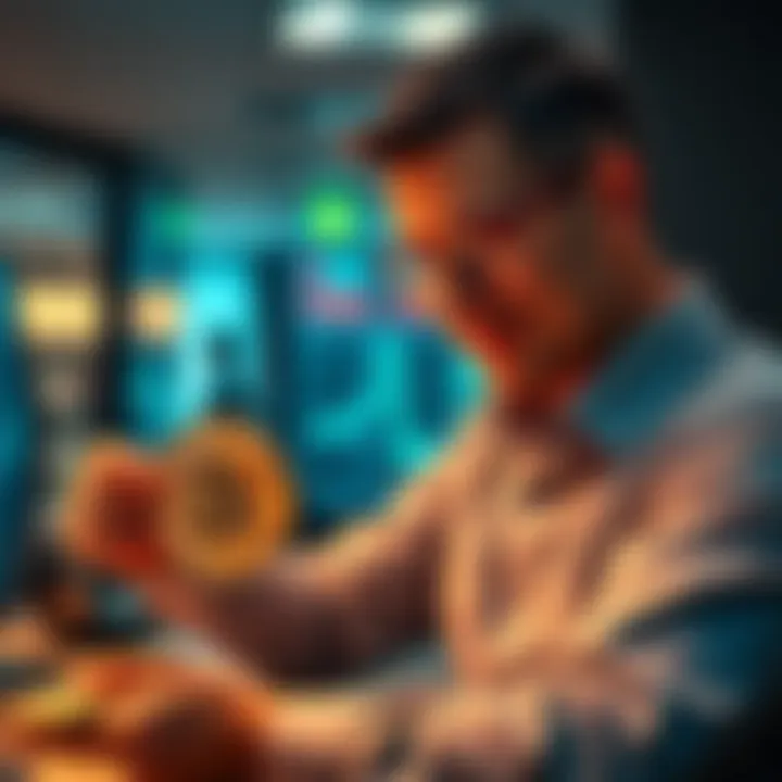 A confident investor purchasing Bitcoin despite warnings from coworkers about a potential market drop