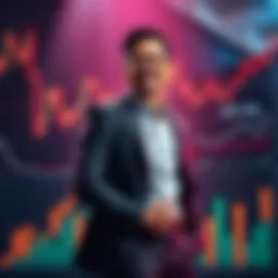 Investor Committed to New Venture An investor stands confidently with financial charts and graphs behind them, symbolizing a bold commitment to a new venture.