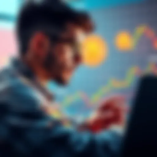 A person looking at a Bitcoin graph with a thoughtful expression, weighing their investment options, surrounded by financial charts and a laptop.