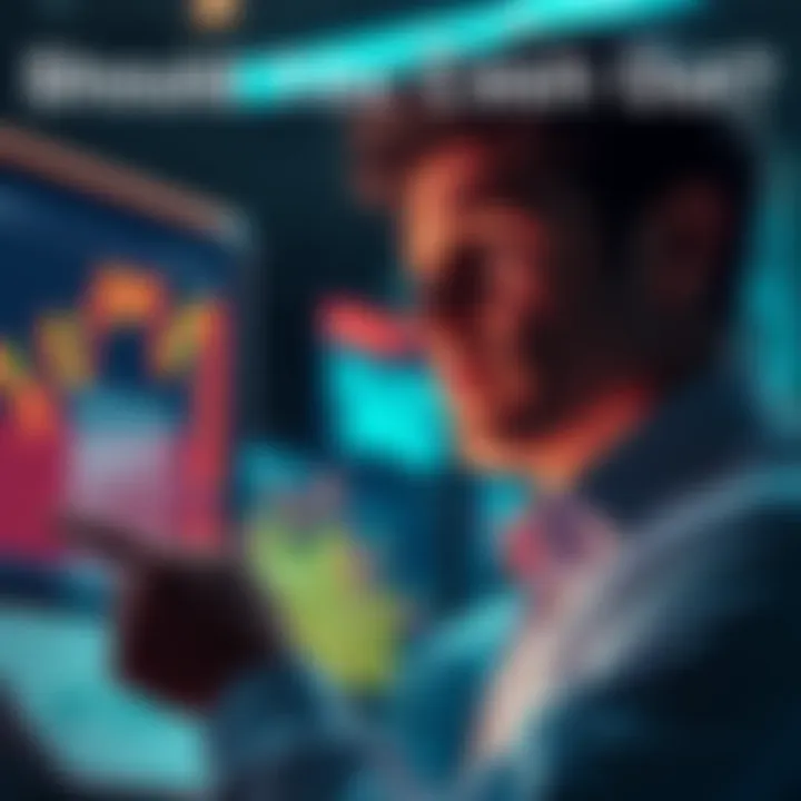 Investor Considering Options A person looking at financial graphs and charts with a thoughtful expression, symbolizing the decision to cash out or hold investments.