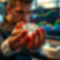 A focused person holding a crystal resembling a diamond, showing determination while looking at fluctuating stock charts on a screen.