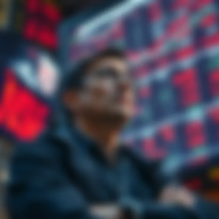 A worried investor watches stock prices drop, contemplating a decision to sell or hold their shares