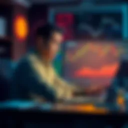 A person sitting at a desk looking stressed and defeated, with a laptop showing Dogecoin price charts in the background.