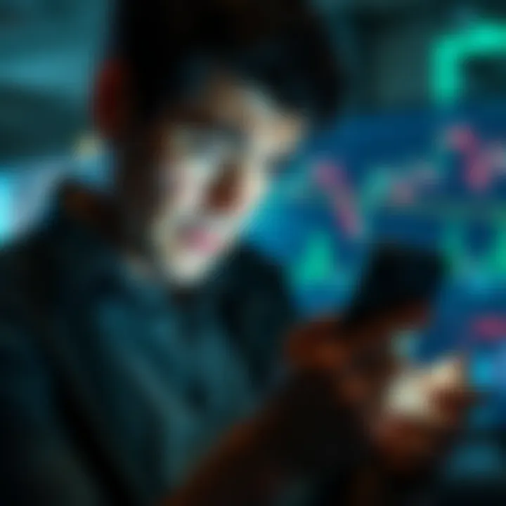 An investor looks upset while checking their phone, showing cryptocurrency graphs and a notification about restrictions on trading.