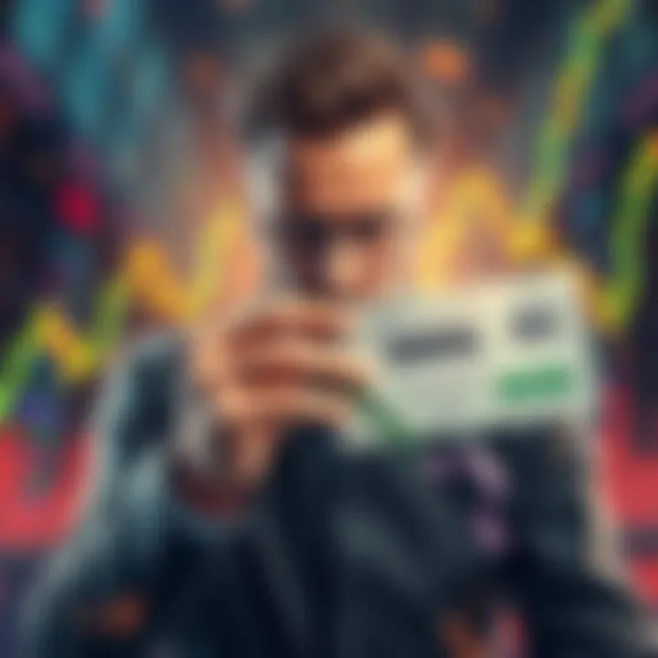 An investor gripping a stock certificate tightly with a worried expression, surrounded by fluctuating market graphs and symbols of volatility.