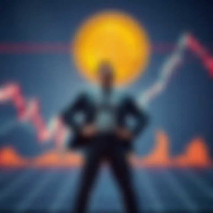 A confident investor stands firm in front of a digital chart showing Bitcoin's uptick despite market fears, symbolizing resilience amid uncertainty.