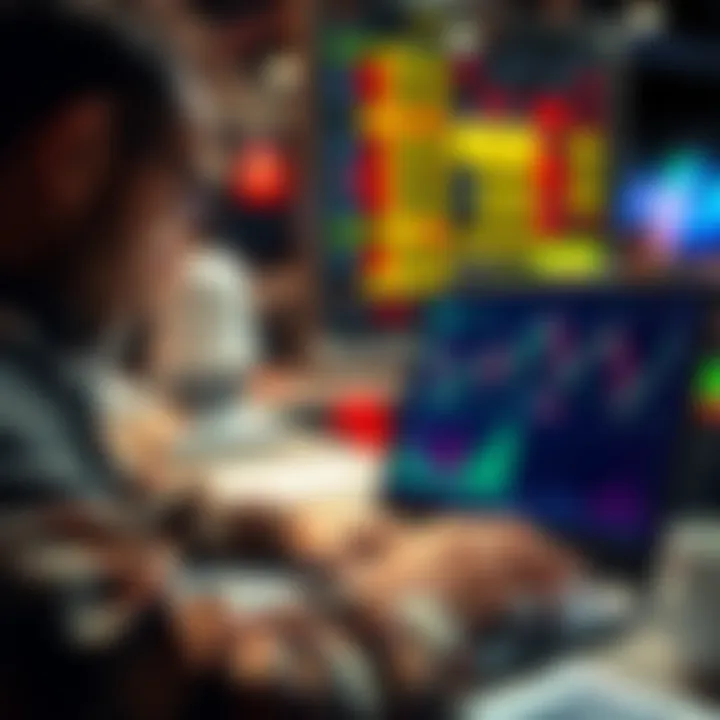 An investor looking at stock charts and graphs on a laptop, contemplating buying during market dips.