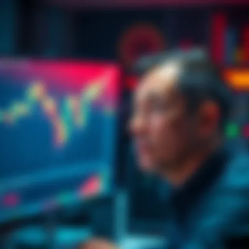 A concerned investor staring at a computer screen displaying a declining stock chart, symbolizing panic selling decisions due to market downturns.