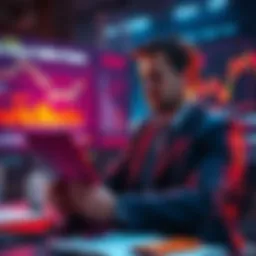 An ambitious investor looking at financial charts and graphs, planning to buy assets at low prices to become a trillionaire in two years.