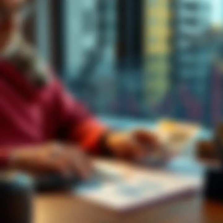 An investor calculating dollar-cost averaging with a calculator and charts, focusing on steady growth in a calm setting.