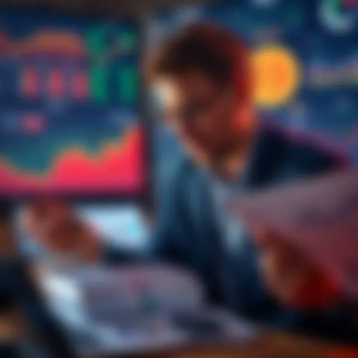 A new investor reviewing investment strategy with charts and graphs, contemplating changes in Bitcoin holdings and index fund allocations.