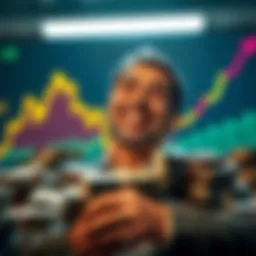 An investor smiling broadly while counting stacks of cash, with BONK trading charts in the background showing an upward trend, symbolizing their successful investment.