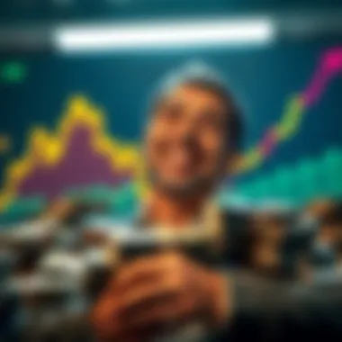 An investor smiling broadly while counting stacks of cash, with BONK trading charts in the background showing an upward trend, symbolizing their successful investment.