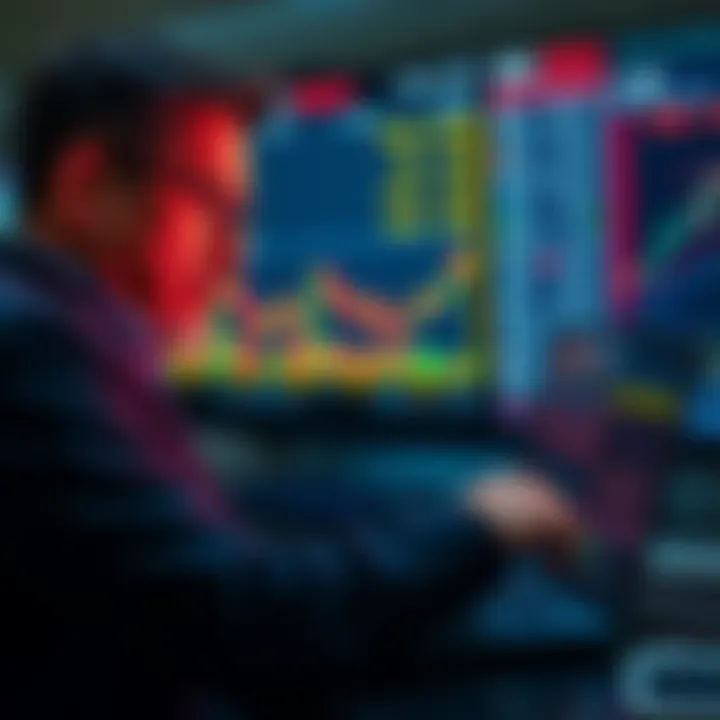 A worried investor looking at stock charts on a laptop, with headlines about world events in the background