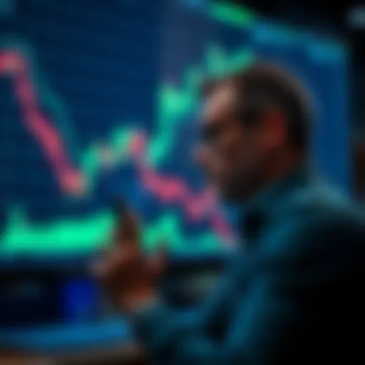 An investor looks thoughtfully at a stock chart showing a downward trend, symbolizing a significant financial loss in the crypto market.