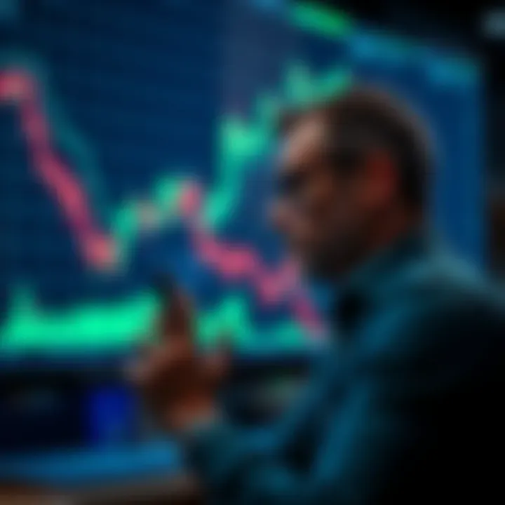 An investor looks thoughtfully at a stock chart showing a downward trend, symbolizing a significant financial loss in the crypto market.