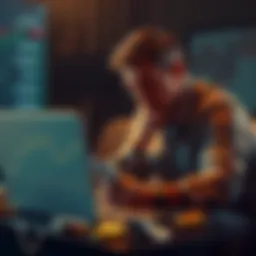 A disappointed investor sitting with bills and a laptop showing a crypto chart, reflecting on missed opportunities in the market.