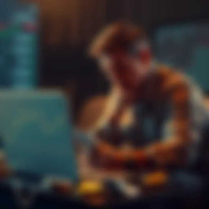 A disappointed investor sitting with bills and a laptop showing a crypto chart, reflecting on missed opportunities in the market.