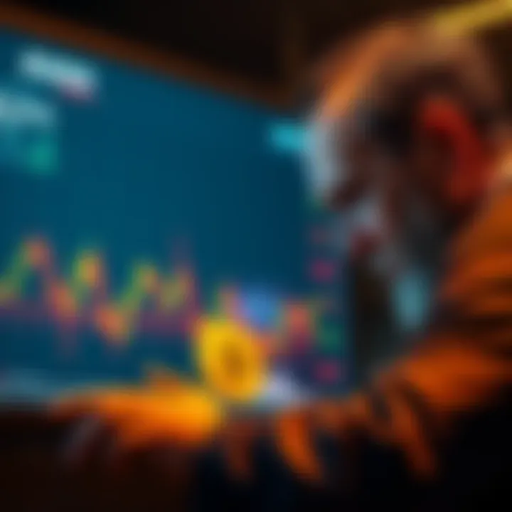 An investor looks stressed while reviewing a stock market chart showing declining AVAX prices compared to Bitcoin.