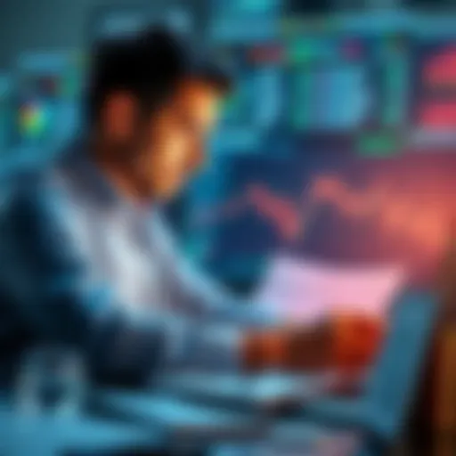 A person analyzing cryptocurrency charts on a laptop, surrounded by financial documents and digital assets