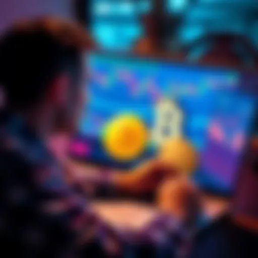 An investor analyzing financial charts and cryptocurrency trends on a laptop, with Bitcoin and HBAR logos visible.