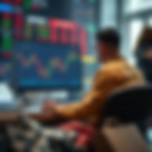 An investor looking at a computer screen showing a Bitcoin chart while packing their belongings to sell, with stocks and commodities images in the background.