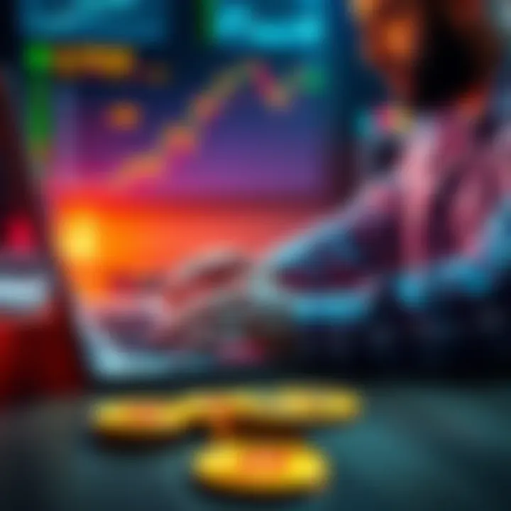 An investor reviewing Bitcoin charts on a laptop, with Bitcoin coins visible on the table, symbolizing a sell-off strategy.