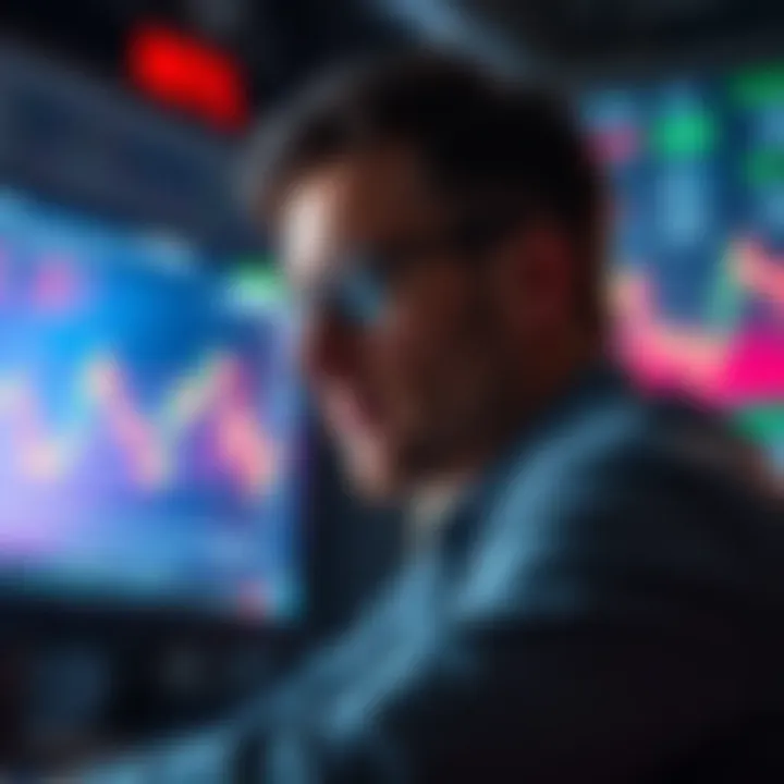 Investor maintaining stability A determined investor looking at stock graphs, focused and calm, with a computer displaying market trends in the background.