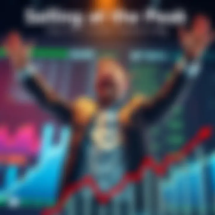 An investor joyfully celebrating a large financial gain with arms raised, surrounded by graphs showing upward trends, symbolizing profits and investment success.