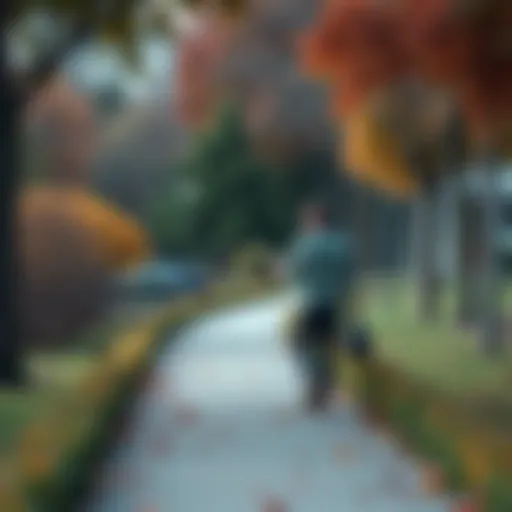 An investor taking a calming walk in a peaceful park during market decline, reflecting on emotional resilience.