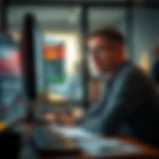 A concerned person sitting at a desk, staring at a computer screen displaying a stock market crash report