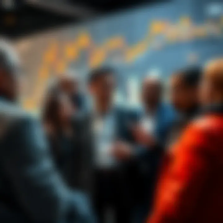 A group of diverse investors discussing Ethereum investments, with charts showing a recent dip and signs of recovery.