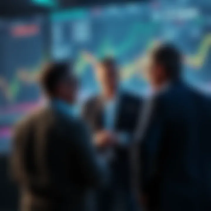 Investors Discuss 100K Price Mark A group of investors discussing strategy with charts and graphs in the background as the price approaches 100K.