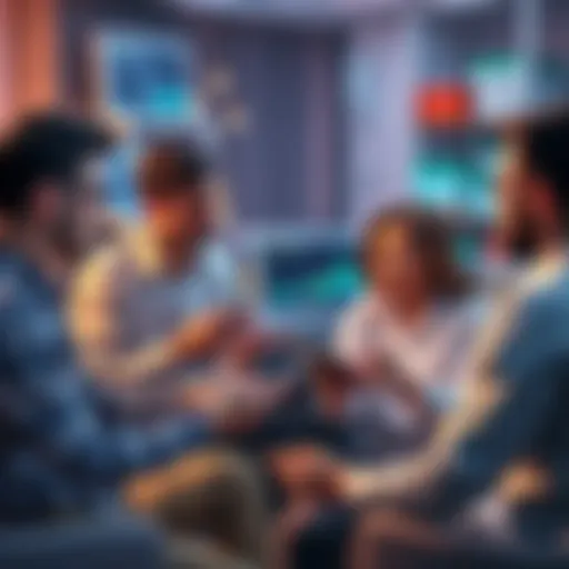 A group of investors sharing thoughts and strategies about chasing losses in a casual setting, with charts and graphs on their devices.