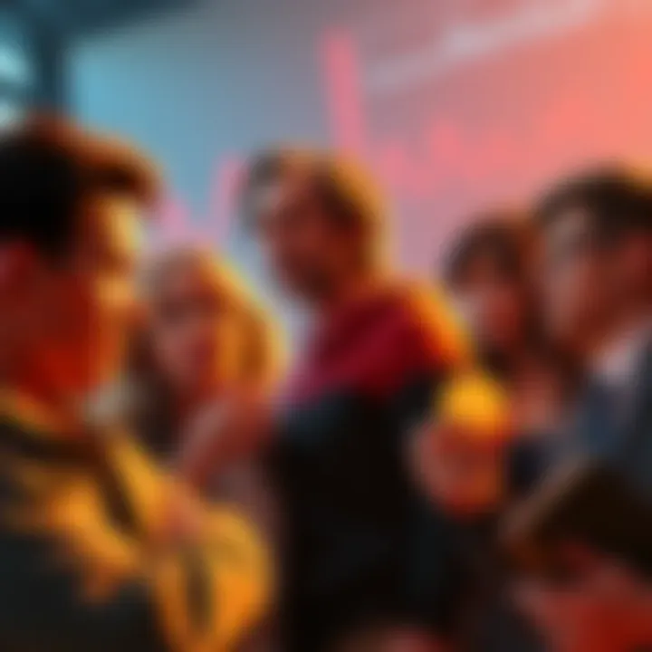 Investors Reflecting on Rentberry ICO A group of concerned investors discussing the Rentberry ICO, with expressions of disappointment and concern as they look at their tokens, representing lost opportunities.