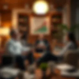 A group of relaxed investors discussing passive income strategies in a cozy setting, surrounded by charts and financial documents.