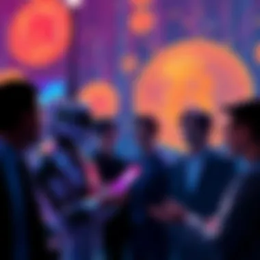 Group of people discussing investments in artificial intelligence and cryptocurrency, with Bitcoin logos in the background