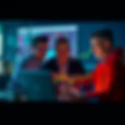 Group of investors looking at a crypto chart on a laptop, discussing market trends during a dip.