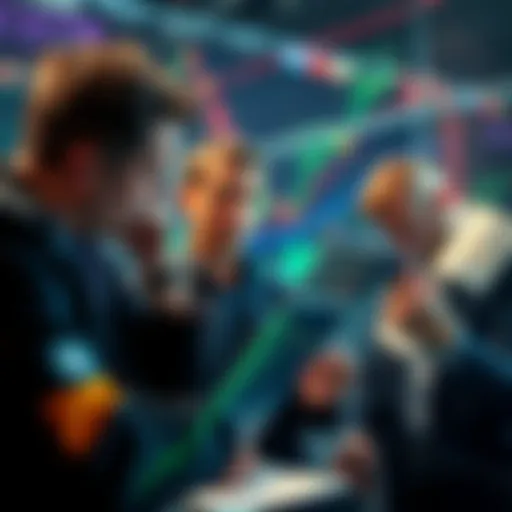 A group of seasoned investors looking at charts and graphs related to cryptocurrency market trends, showing signs of tension while considering investments.