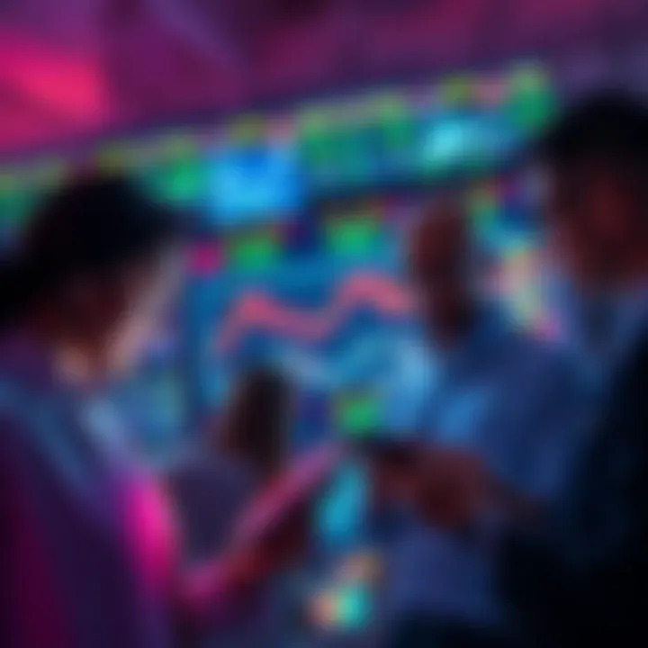 A group of investors looking at charts and graphs on digital devices, discussing market trends during a dip.