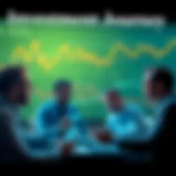 Investors Analyzing Market Trends A group of investors discussing charts and market data, showing progression from high aspirations to break-even points.