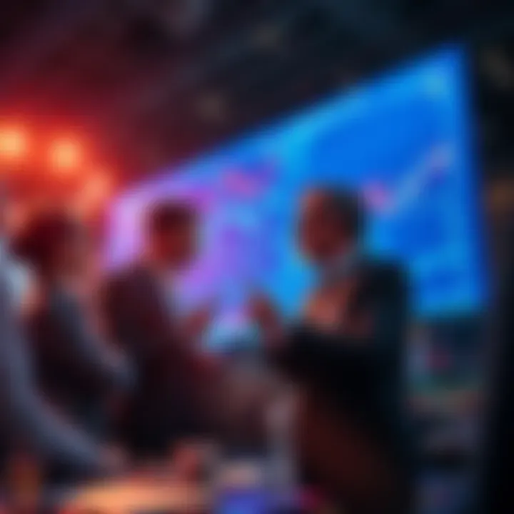 Group of corporate investors studying charts and data on a screen, discussing potential buying opportunities in the current market.