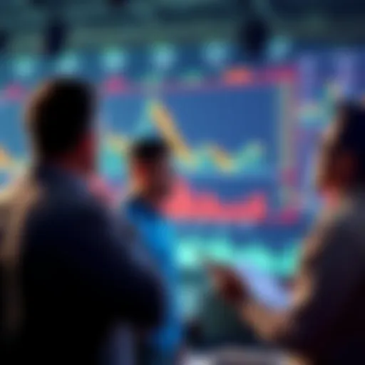 A group of investors looking at a stock chart showing price drops and spikes, discussing their buying decisions during market changes.