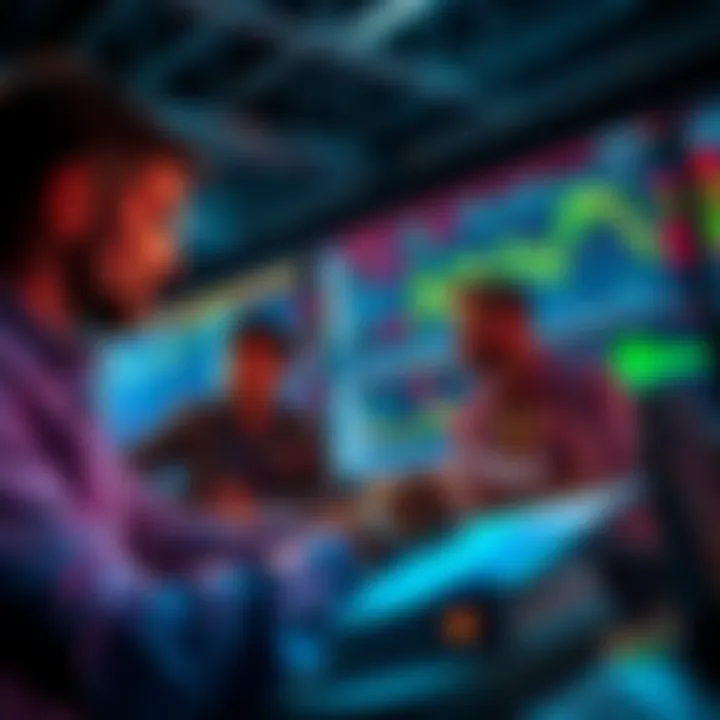 Group of investors studying stock market charts and discussing strategies for buying during price drops