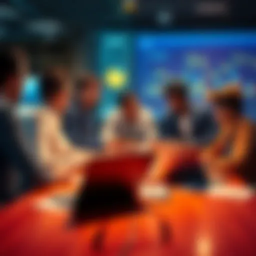 A group of diverse investors discussing and reviewing private equity options around a table with laptops and charts