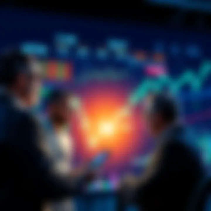 Group of investors discussing strategies during a market dip, with charts and graphs on a screen in the background