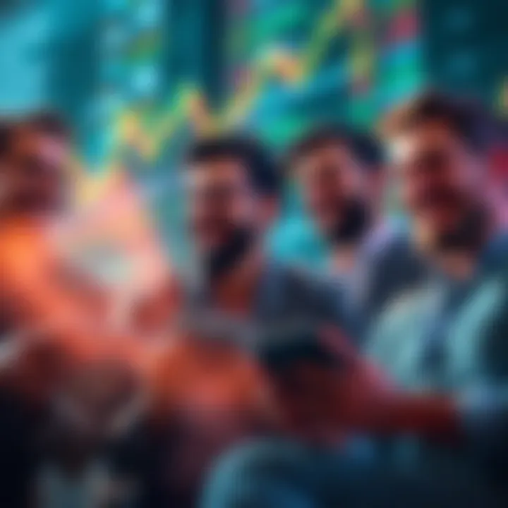 Investors Buying Bitcoin During Bear Market A group of investors cheerfully discussing strategies while showing interest in Bitcoin charts amid a bear market atmosphere.