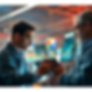 A group of investors talking over a stock market chart on a tablet, debating whether to buy stocks during a market dip.