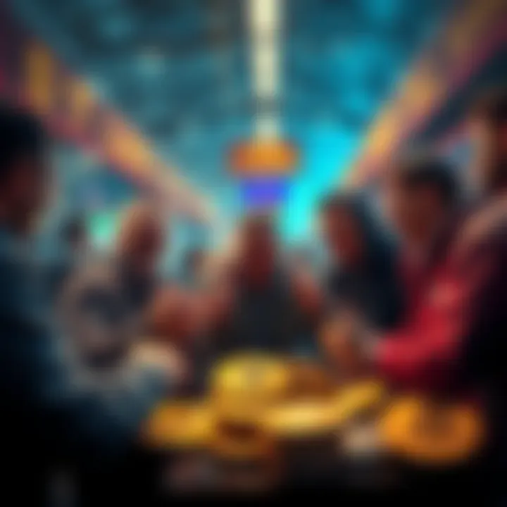 A group of investors excitedly discussing and purchasing various cryptocurrency coins at a market
